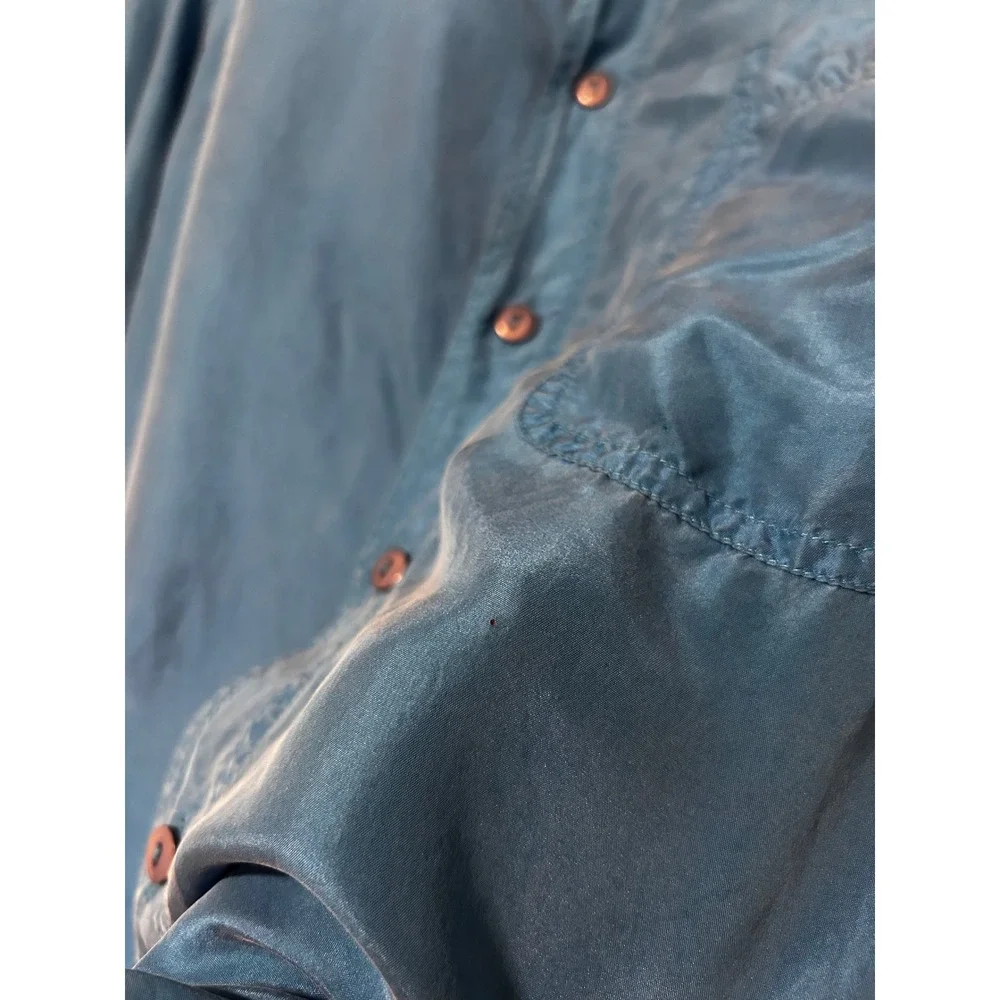 Impact Mens Vintage 100% Washable Silk Short Sleeve Button Down Shirt Blue L